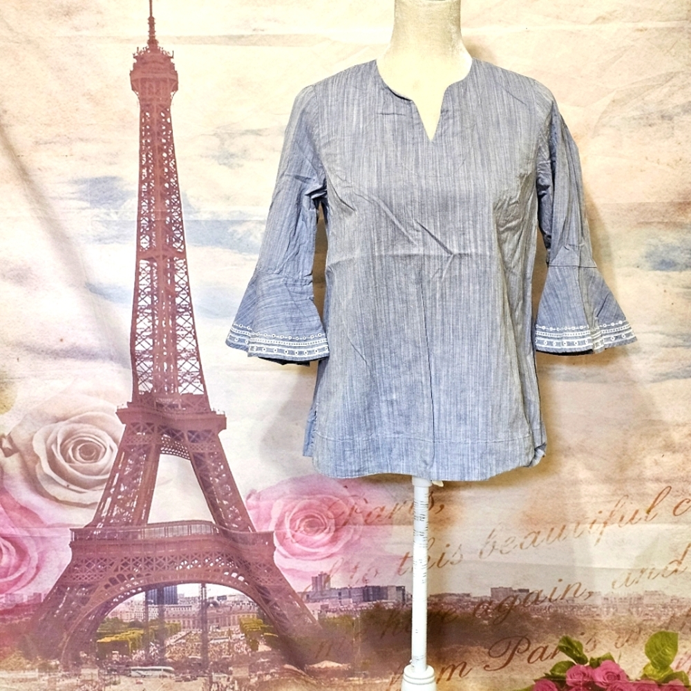 Westbound Blue Blouse with Bell Sleeves and Mandarin Collar PETITE Sz M